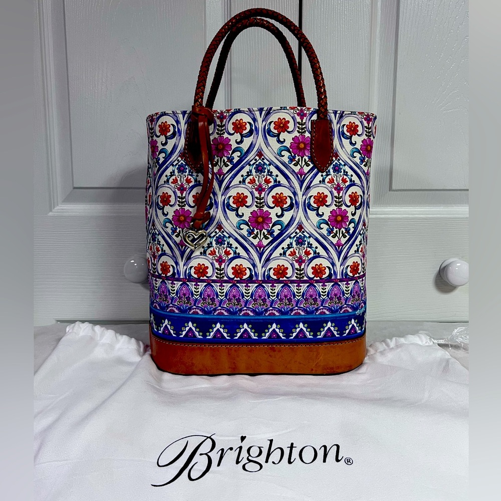 🌼🩷 BRIGHTON Kesha Tall Tote Handbag Braided Leather Straps Boho Pattern